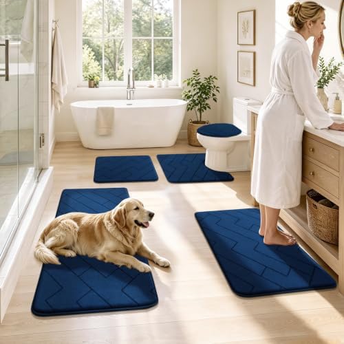 YIHOUSE 2 Piece Memory Foam Bathroom Rug Set, Dark Blue, 17"x24"+20"x24"U - Image 7