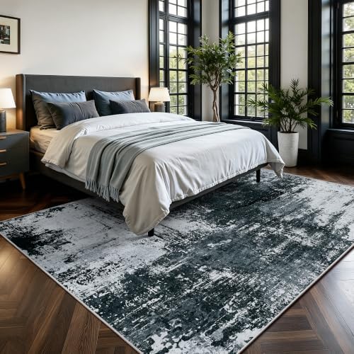5x7 Rugs for Living Room - Modern Abstract Washable Rug, Ultra Soft Non Slip Low Pile Large Rugs, Floor Carpet for Bedroom Dining Room Office Laundry Nursery Home(Black) - Image 2