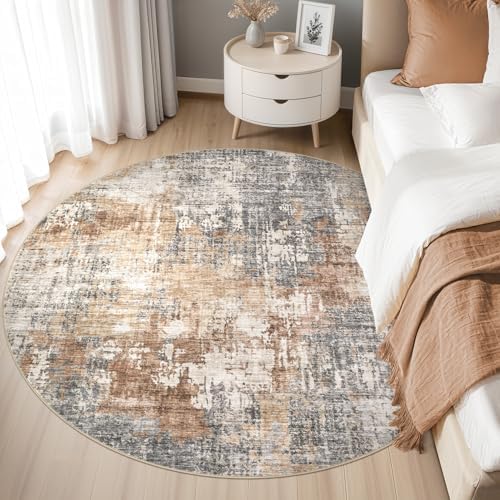 DMOYEST 5ft Round Area Rug Living Room Rugs - 5x5 Washable Large Soft Indoor Neutral Modern Abstract Low Pile Rug Carpet for Bedroom Dining Room Farmhouse Home Office - Grey Brown - Image 3