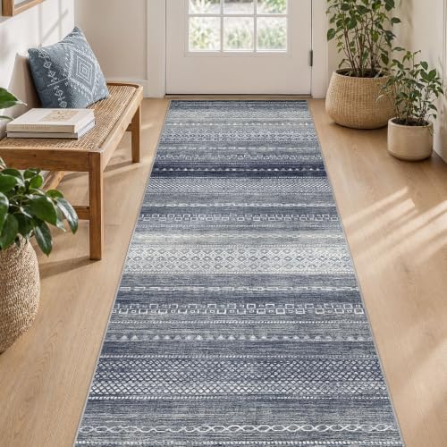 Nakagishi Area Rug Living Room Rugs: 3X8 Machine Washable Boho Large Neutral Farmhouse Stain Resistant Moroccan Indoor Floor Carpet for Bedroom Nursery Dorm Dining Room Home-Denim Blue - Image 3