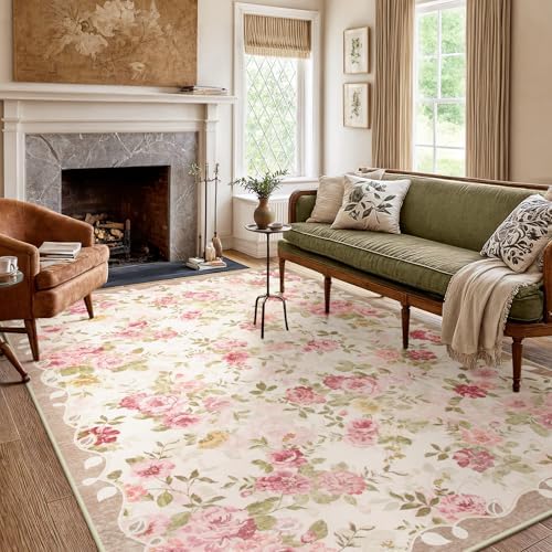 Lahome Floral Washable Rugs 5x7,Pink Vintage Rugs for Bedroom Girls by Lahome