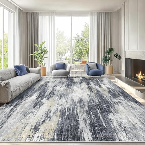 Amada Washable 9'x12' Abstract Area Rug for Living Room Light Grey by AMADAHOMEFURNISHING