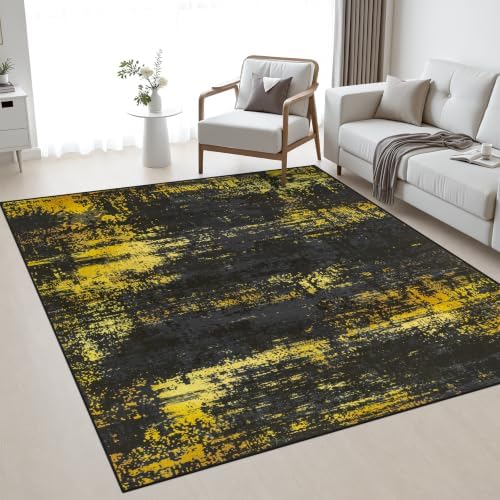 Area Rug Living Room: 4x4 Modern Washable Soft Carpet Black Gold by FXRHLP