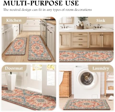 Boho Kitchen Mats for Floor 2PC Anti Fatigue Kitchen Rugs, Retro Red - Image 6