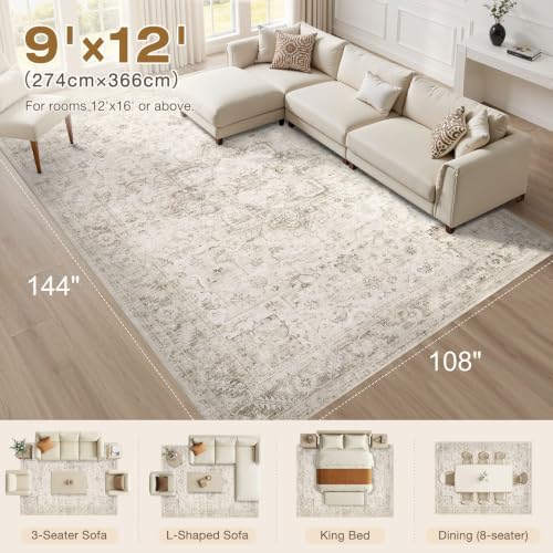 9x12 Area Rug for Living Room, Washable, Traditional, Distressed Beige - Image 2