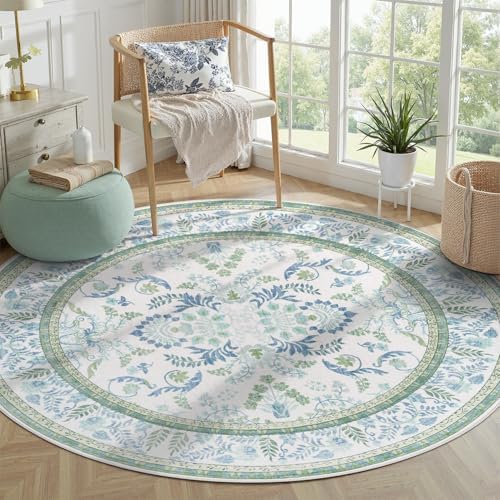 DCX Green and Blue Rug 4x4 Botanical Floral Round Rug - Image 2