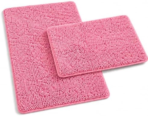 Pink Bathroom Rugs Chenille Bath Mat Set 2-Piece Bath Rugs for Bathroom Extra Soft Bath Mats for Bathoom Non Slip Absorbent Shag Bathoom Carpet by RUNHELIX