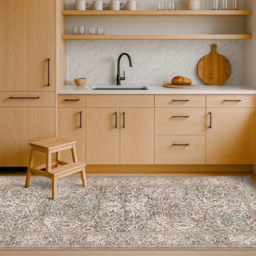 Hazo Haus Non Slip 2x7 Moss Green Hallway Runner - Long Runner Rugs for Bathroom, Washable Kitchen Floor Mat, Bedroom Bedside - Brown Earthy Vintage Floral Décor - Image 3