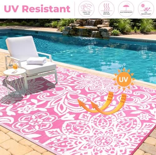 Findosom Waterproof Outdoor Rug 6' x 9' - Reversible Mandala Outdoor Plastic Straw Rug, Durable Foldable Patio Rug for RV, Deck, Balcony, Backyard, Picnic, Porch, Camping, Beach, Pink - Image 3