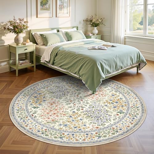 6FT Round Area Rugs, Machine Washable Low Pile Floral Rugs for Living Room, Bedroom, Large Boho Area Rug with Non-Slip Backing for Dining Room(Beige Floral) - Image 5