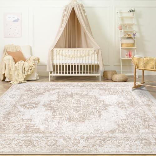 Area Rug 4x6 Vintage Rug: Washable Indoor Medallion Rugs Low Pile Distressed Floor Carpet Retro Accent Rug for Living Room Bedroom Kitchen Dining Table Home Office(Beige, 4'x6') by ZomfyRugs