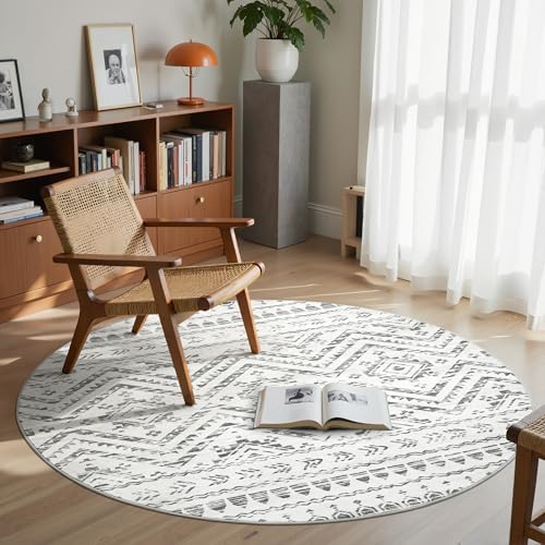 Miukiki Round Rugs 6ft for Living Room Moroccan Washable Circle Rug Grey by Miukiki
