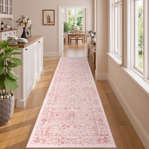 DUKINO 2x8 Runner Rug, Washable Vintage Floral Kitchen Rug, Pink - Image 3