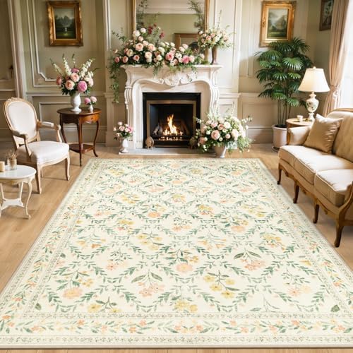 PLHXFR 8x10 Area Rug Living Room: Floral Washable Boho Carpet Beige Multi by PLHXFRSoftAreaRugs