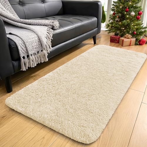 OLANLY 2x5 Machine Washable Runner Rugs for Hallway, Soft Fluffy Shaggy Bedside Rugs for Bedroom, Living Room, Indoor Floor Carpet for Kids Girls and Boys, Nursery Rooms, Home Decor Aesthetic, Cream - Image 3