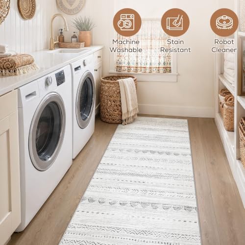 Nakagishi Runner Rug Kitchen Washable Rugs: 3x8 Non-Slip Boho Soft Modern Stain Resistant Indoor Floor Neutral Farmhouse Throw Carpet for Hallway Bathroom Laundry Room Entryway Bedroom- Grey - Image 5