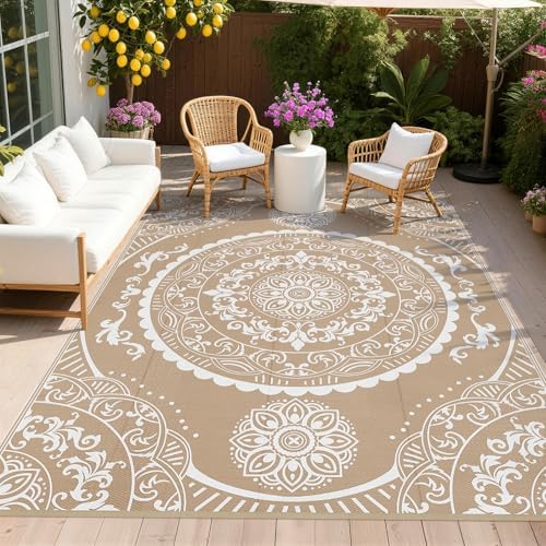 Pauwer Waterproof Outdoor Rug 9x12, Plastic Straw Patio Mat, Paisley Brown by Pauwer