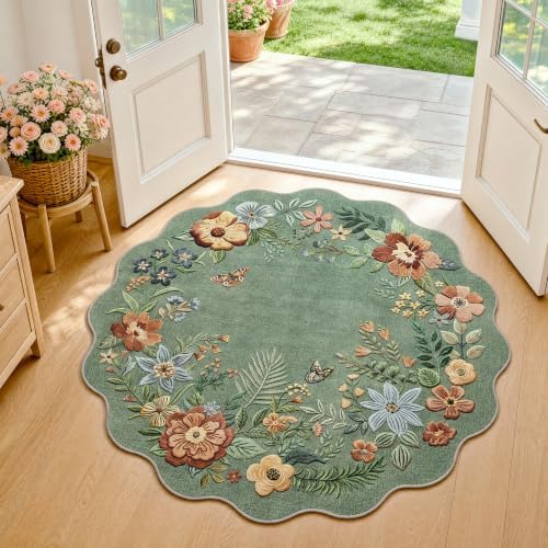 FMFUNCTEX 4ft Round Washable Sage Green Scalloped Area Rug for Entryway by Fmfunctex