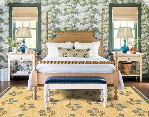 Floral 5x8 Living Room Rug, Blue Brown Scalloped Bedroom Area Rug - Image 5
