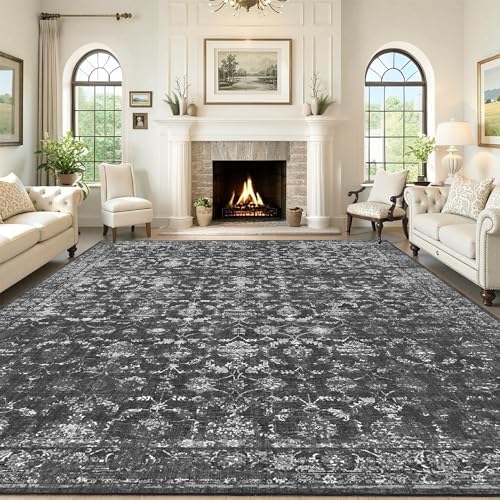 10x12 Washable Living Room Area Rug Non-Slip Retro Black Large Carpet - Image 5