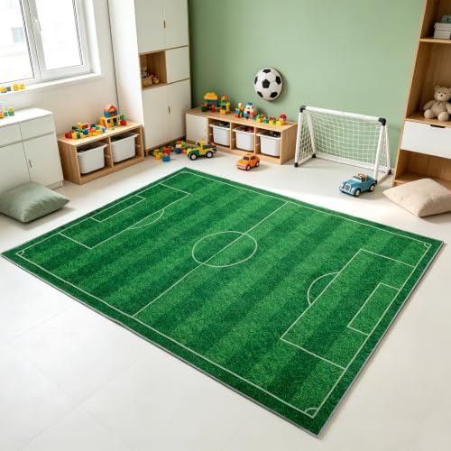 79” x 59” Soccer Rug, Green Grass Soft Cushioned Play Rug by Unknown