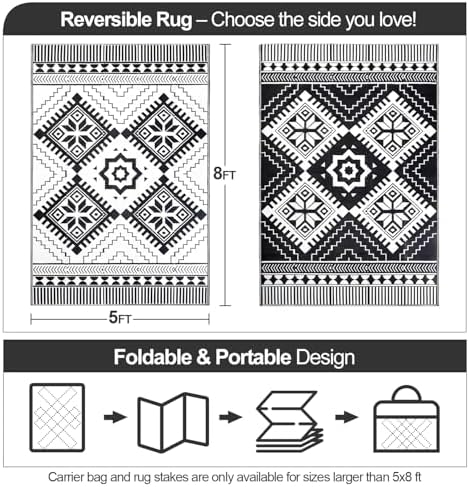 Waterproof Outdoor Rug 5x8ft, Boho Reversible Plastic Straw Mat for Patio RV Deck Porch Backyard Balcony Camping Picnic Beach Indoor Outdoor Carpet, Black&White - Image 2