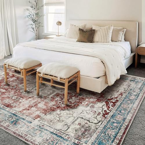 CHAMPLANT Area Washable Rug 5'x7' Red Blue Washable Vintage Traditional Floor Cover Thin Rug Retro Kitchen Indoor Distressed Non Slip Carpet Floral Print Mat Living Room Bedroom Dining Room - Image 2