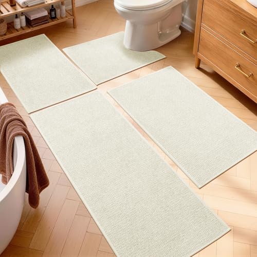 YIHOUSE Beige Bathroom Rugs Sets 4 Piece, Quick Dry Thin Bath Mat with Toilet Rug, Non Slip Absorbent Machine Washable, Bath Runner Rugs for Bathtub Sink Home Decor by YIHOUSE
