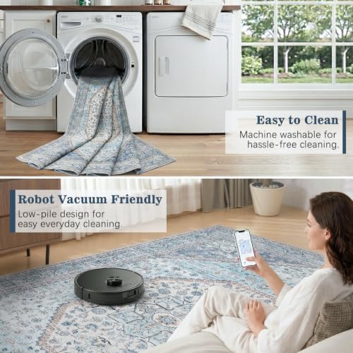 DCX 9x12 Washable Area Rug for Living Room, Non Slip Low Pile Rug, Blue - Image 6