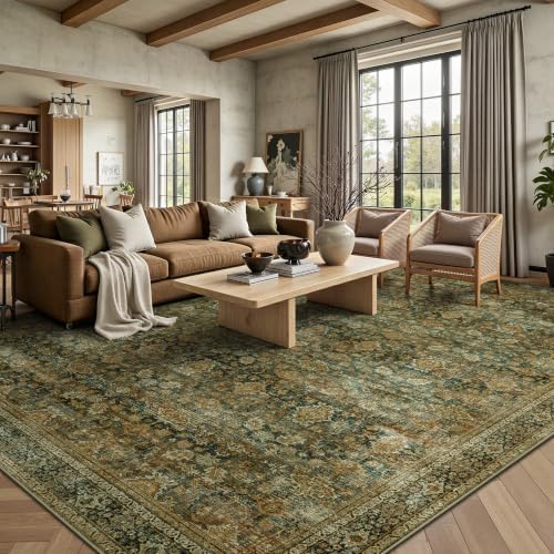 8x10 Area Rugs for Living Room - Washable Vintage Retro Large Rug, Soft Ultra Thin Non Slip Low Pile Traditional Distressed Boho Carpet for Bedroom Dining Room Home Office, Brown Green - Image 3