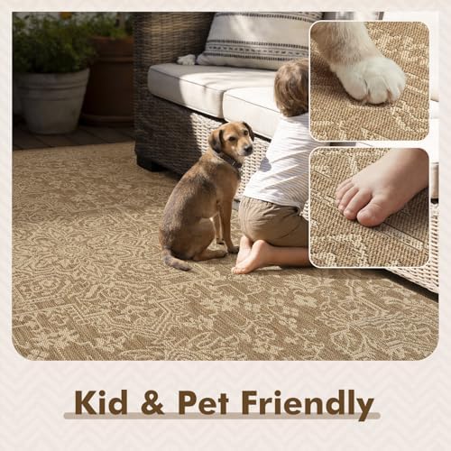 MontVoo-Outdoor Rug-Patio Rug 5x7 ft Polypropylene Indoor Outdoor Rugs Carpet for Patio Deck Balcony Porch, Textured Weave, Durable for High Traffic, Fade-Resistant, Vintage Medallion Neutral Brown - Image 5