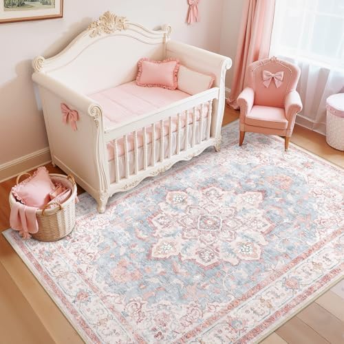CAPALOCA 3x5 Washable Nursery Girls Low Pile Area Rug Pink Blue - Image 2