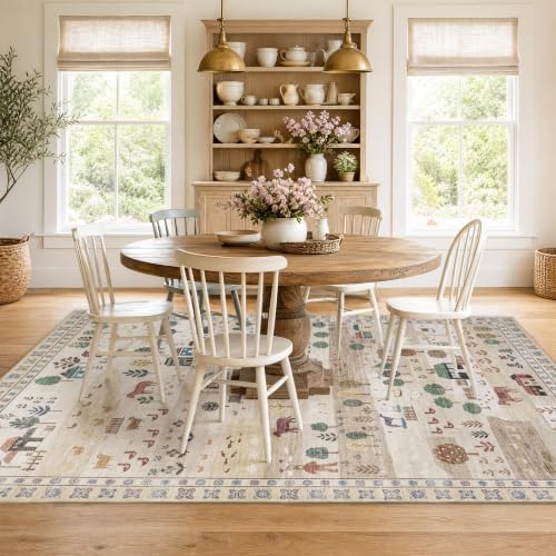 Machine Washable Area Rug 8x10 Ft, Whimsical Rug, Vintage Farmhouse, Beige - Image 5