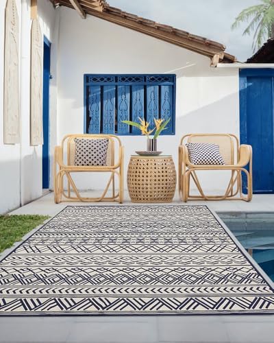 Outdoor Rug Carpet 5x8 ft, Flatweave Textured Outdoor Patio Rug Non Slip Indoor Outdoor Rugs with Rubber Particles Backing Boho Outdoor Area Rug for Patio Deck Front Porch Backyard Balcony, Navy - Image 4