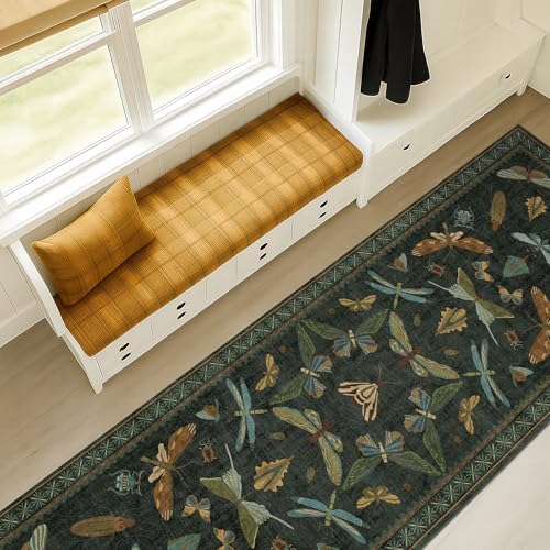 2x10 10ft Long Hallway Rug Runner - Washable Boho Rug for Entryway Idoor Non Slip, Dark Green Forest Butterfly Vintage Carpet, Low Pile & Soft Stain Resistant Indoor Décor by HazoHaus