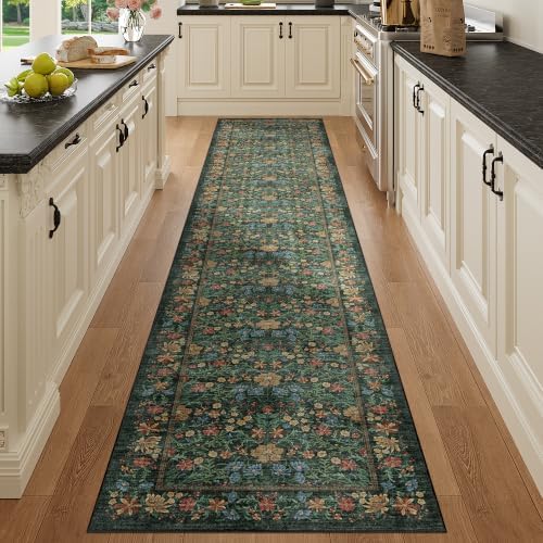 DUKINO 2x10 Runner Rug, Washable Vintage Floral Kitchen Rug, Green by DUKINO