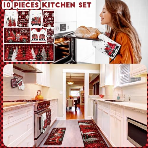 Fourluoo 10 Pcs Christmas Kitchen Decor Set Christmas Tree Kitchen Rugs - Image 2