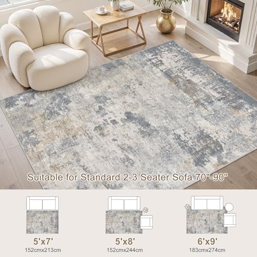 UERMEI 5x7 Area Rug Living Room Rugs - Washable Neutral Modern Abstract Soft Thin Large Rug Indoor Floor No Slip Rug Carpet for Bedroom Under Dining Table Home Office Decor - Blue Grey - Image 4