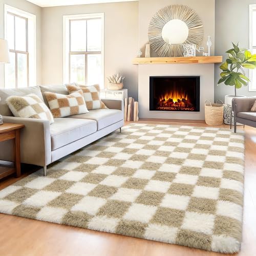 KICMOR 6x9 Rugs for Living Room Beige and Cream White, Large Big Fluffy Shag Fuzzy Checkered Area Rug Shaggy Carpets for Bedroom, Soft Plush Rug for Kids Boys Girls Dorm Nursery Playroom Home Decor by KICMOR