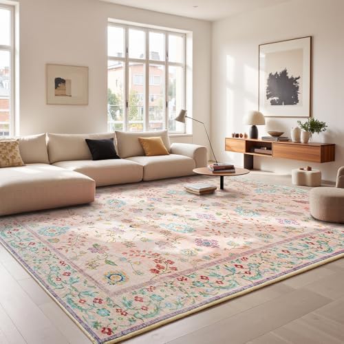 Goideal Pale Pink Rug for Girls Room, 8x10 Floral Washable Area Rug Non Slip, Boho Low Pile Carpet with Rubber Backing for Bedroom Living Room Bathroom Playroom Nursery Office - Image 2