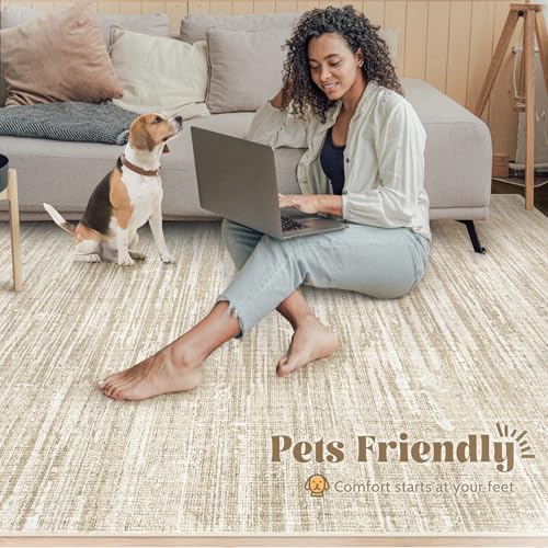 Living Room Rugs 8x10: Washable Moroccan Geometric Boho Rug Farmhouse Non Slip Stain Resistant Large Rug Low Pile Soft Carpet for Bedroom Dining Room Children Room (Camel,8'x10') - Image 5