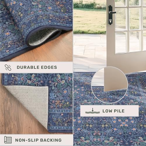 Dark Navy Blue Living Room Rug 5x7 Area Rug - Vintage Floral Forest Washable Mat for Dining Room, Bedroom, Low Pile Non Slip Stain Resistance Distressed Retro Indoor Boho Carpet - Image 4