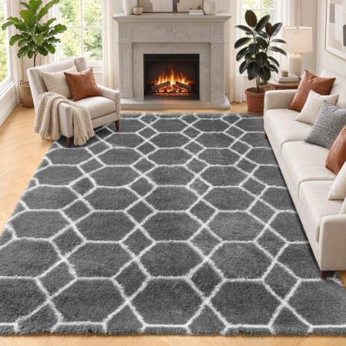 7x9 Area Rugs for Living Room Bedroom, Fluffy Grey and White Geometric Rug by ONASAR