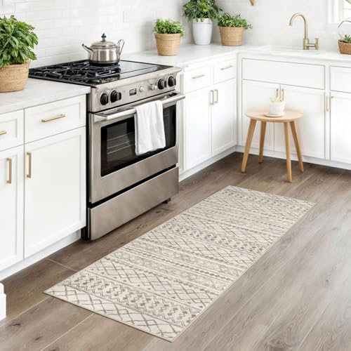 KUTA Boho Hallway Runner Rug 2x5 ft Moroccan Washable Beige Kitchen Rugs - Image 3
