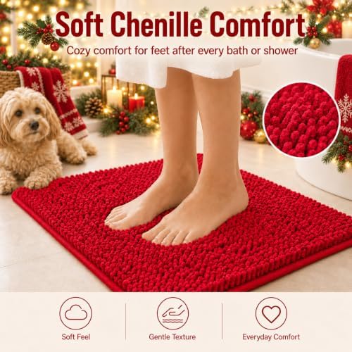 RUN HELIX Bathroom Rugs, Chenille Bath Mat, Non-Slip, Machine Washable Bath Rugs - Ultra Soft Bath Mats, Dries Quickly, Bathroom Rug Set of 2 Red Batroom Mats Set-32x20+24x16 Inch Christmas Rug - Image 3