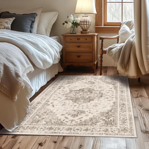 4x6 Washable Bedroom Area Rug Non-Slip Medallion Taupe Throw Carpet - Image 3