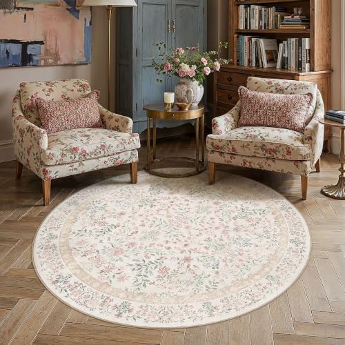 PureCozy 4ft Pink Floral Small Round Area Rug Vintage Farmhouse Style - Image 2