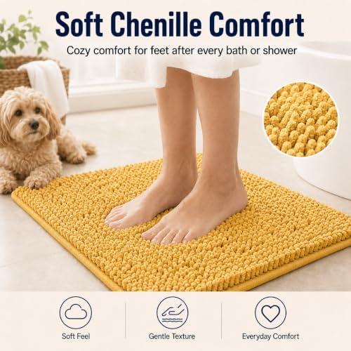 Bathroom Rugs Sets 2 Piece Extra Soft Chenille Bathroom Mats Non Slip Bath Mat Set,Absorbent Shaggy Rugs Perfect Plush Bath Rugs with U-Shaped Toilet Rug,Bathrom Carpets for Bathroom Gold - Image 3