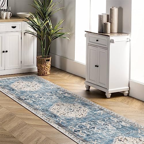 Hallway Washable Runner Rug 2'6x12 - Kitchen Runner Rugs with Non Slip Backing Stain Resistant Rugs for Living Room Bedroom Carpet Distressed Rug Floor Deocr Mat (2‘6''x12', Aqua Blue) - Image 2