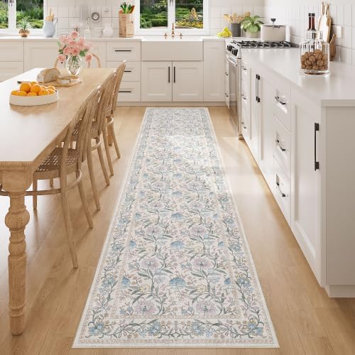 DUKINO 2.6x8 Runner Rug, Washable Vintage Floral Kitchen Runners Cream Blue - Image 5